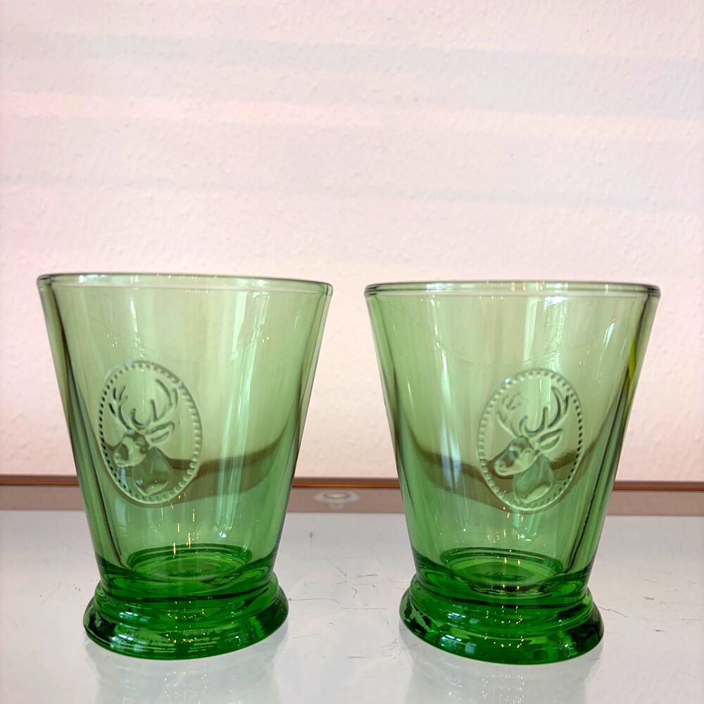 La Rochere Alpine Deer Stag Head Embossed Glass Tumbler Green 9.2oz Set of 2 NEW